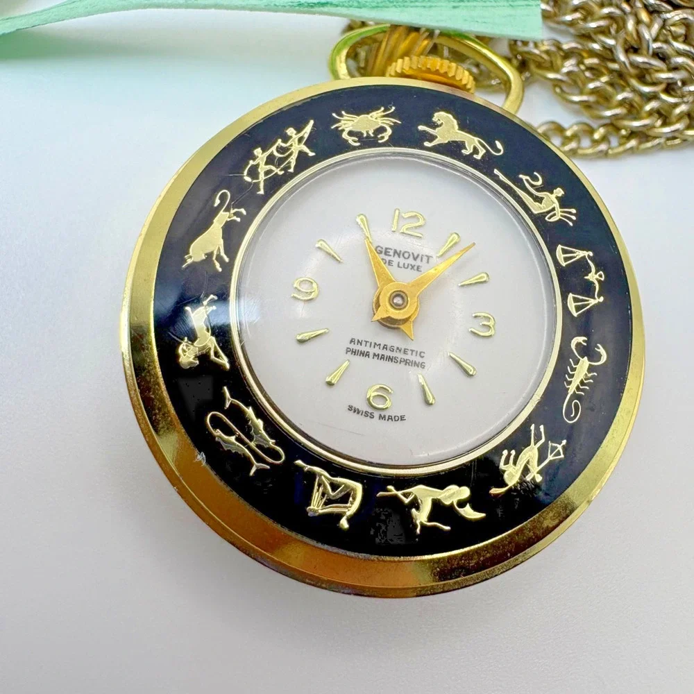 Vtg Genova Chain Pocket Watch Antimagnetic Phina Gold & Black Zodiac Astrology